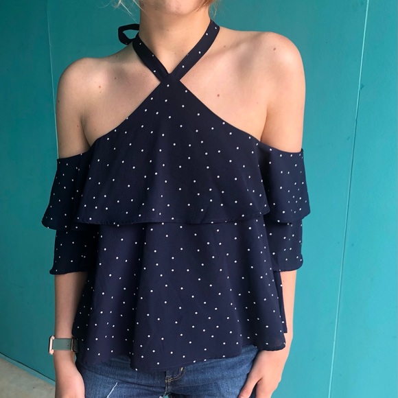 She + Sky polka dot cold shoulder navy blue top. - Picture 2 of 7